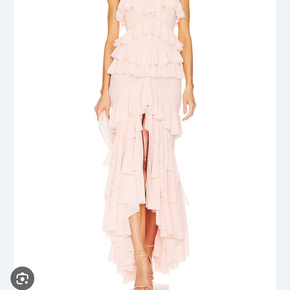 Michael Costello Orange and Pink High-Low Ruffled Gown